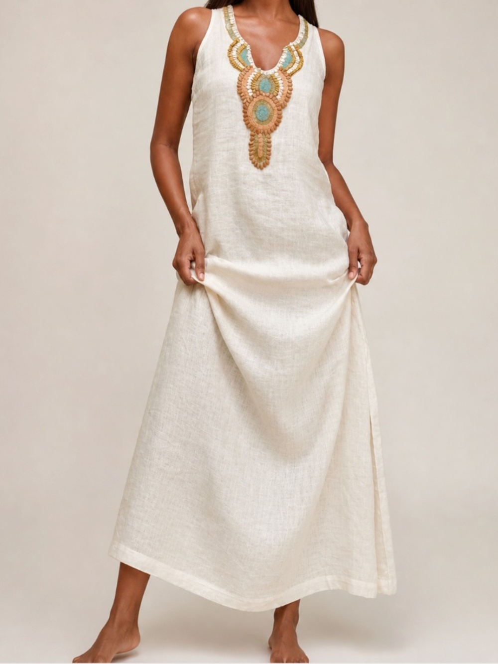 Boston Proper Long Sleeveless Linen embellished Dress